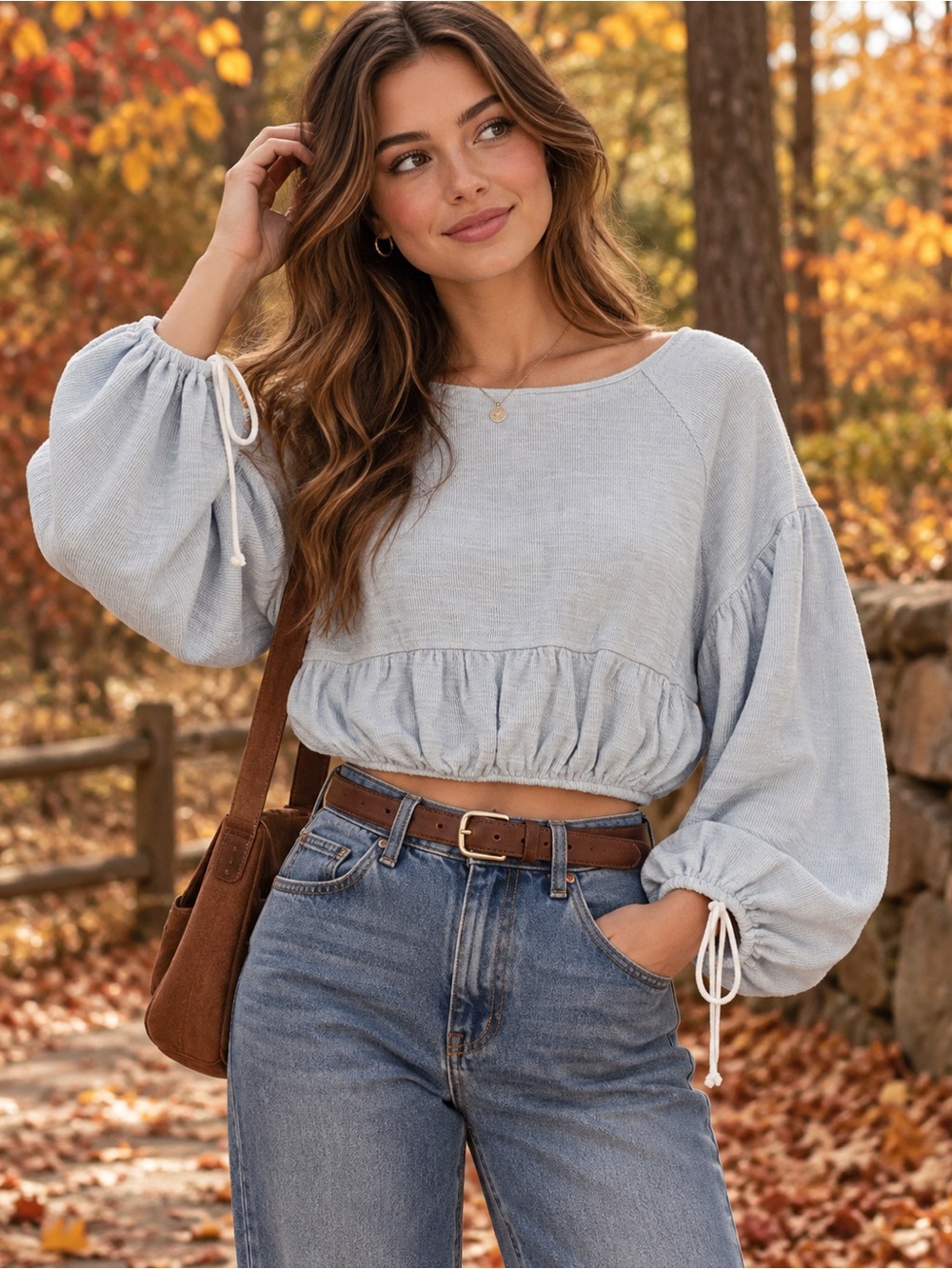 Aerie Light Blue Cropped Balloon Sleeve Tie Cuff Top XXS